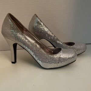 Women's"Miss Bisou" 8.5 Silver Sequined Heels Cosplay Costume Sparkle